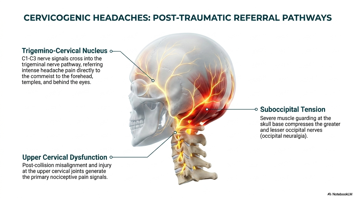 Headaches after car accident — cervicogenic upper cervical referral pathway