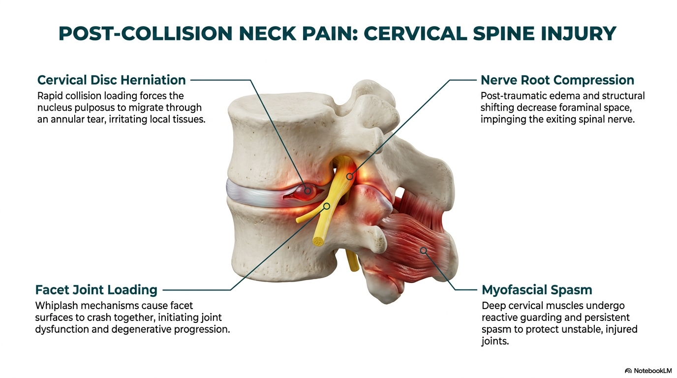 Neck pain after car accident — cervical spine injury illustration