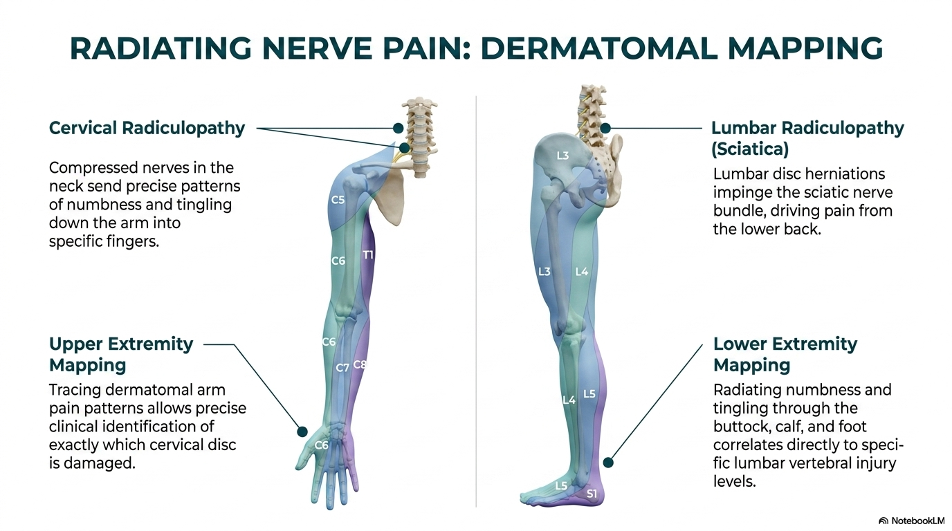 Nerve pain numbness tingling after car accident — dermatomal map illustration