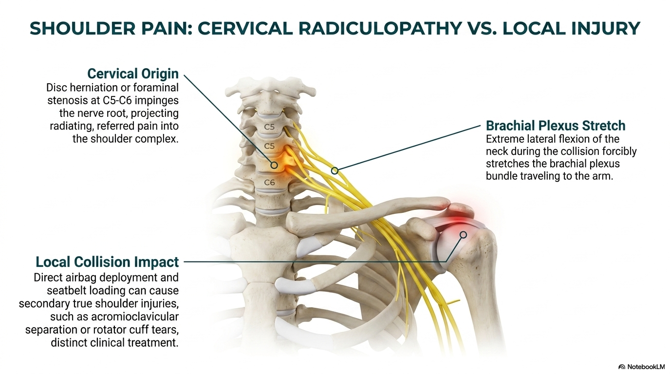 Shoulder pain after car accident — C5-C6 nerve root and shoulder joint illustration