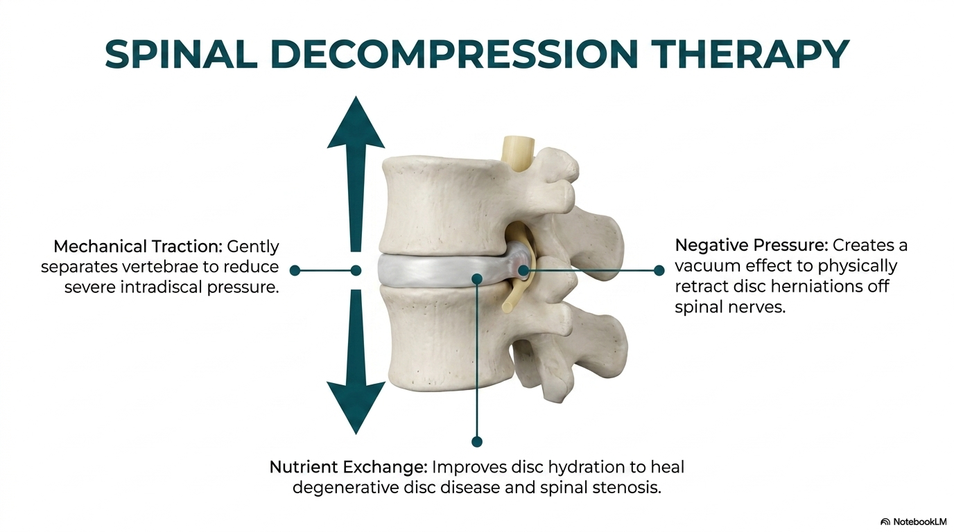 Spinal decompression therapy showing mechanical traction separating vertebrae to retract disc herniations