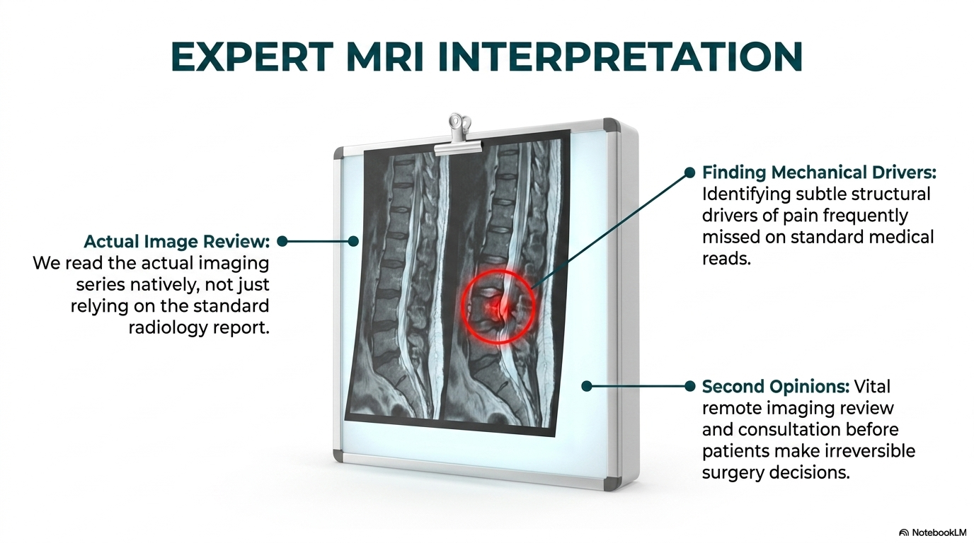 Expert MRI interpretation — reviewing actual imaging series for mechanical drivers of spine pain