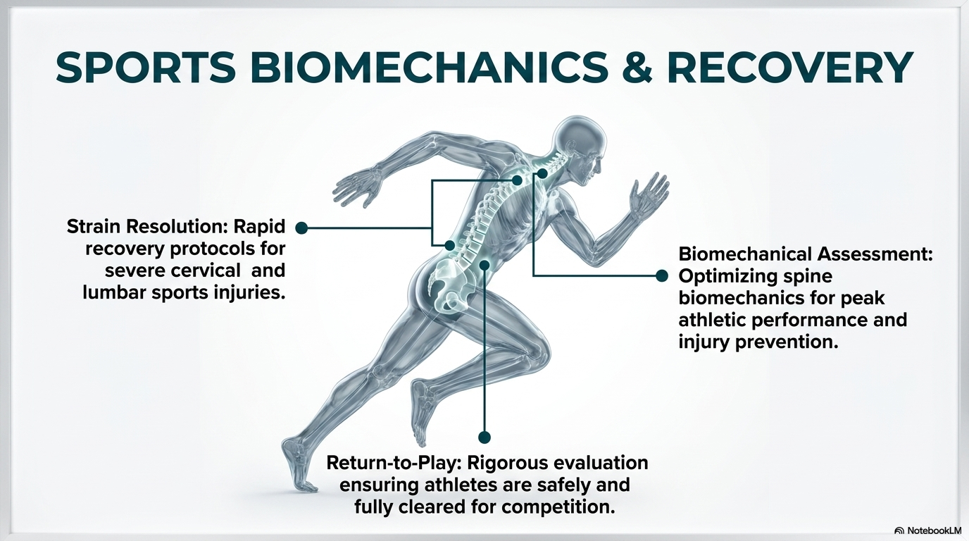 Sports biomechanics and recovery — cervical and lumbar strain assessment and return-to-play evaluation