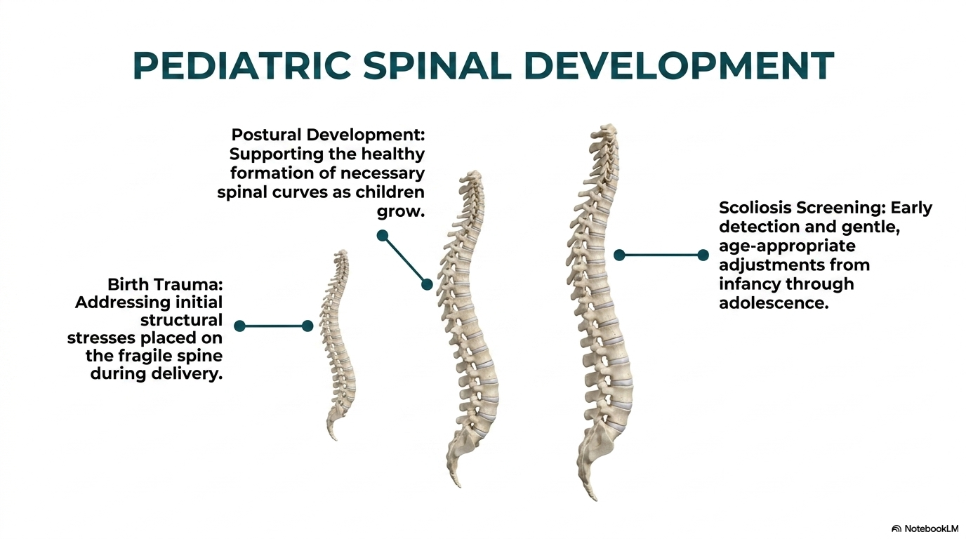 Pediatric spinal development — healthy spinal curve formation from birth through adolescence