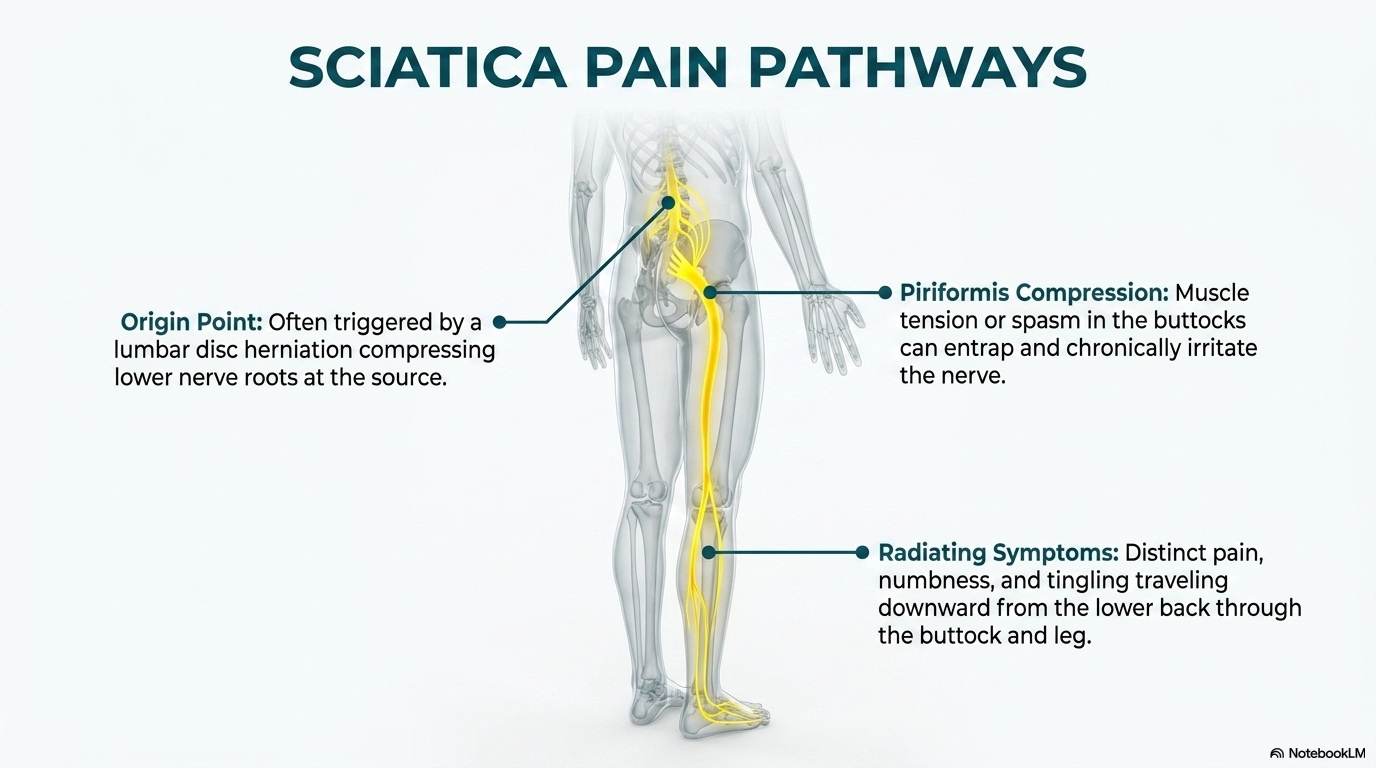 Sciatica pain pathways — sciatic nerve originating in lumbar spine radiating through buttock and leg