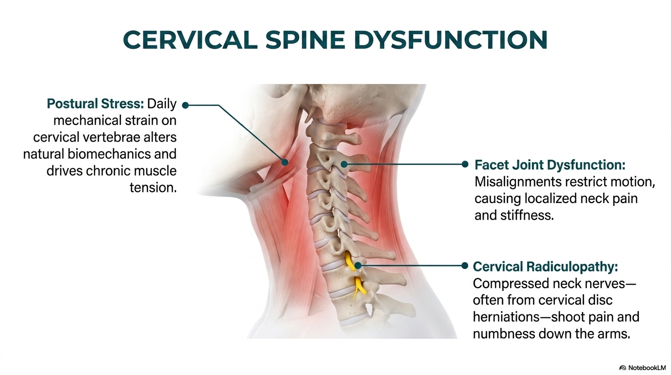 Cervical spine dysfunction — facet joint restriction, postural stress, and cervical radiculopathy