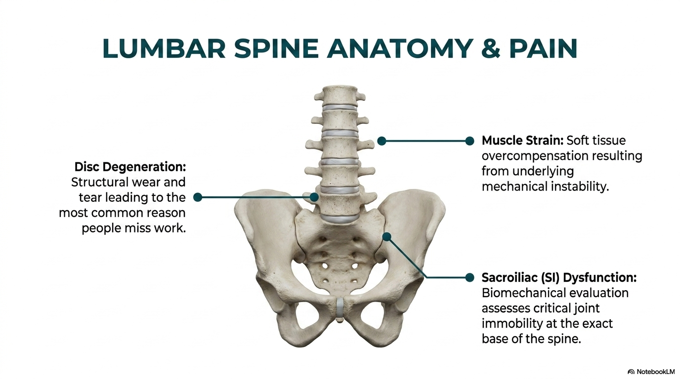 Lumbar spine anatomy and pain — disc degeneration, sacroiliac dysfunction, and muscle strain