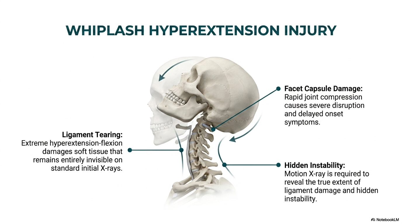 Whiplash hyperextension injury — ligament tearing and facet capsule damage from rapid cervical flexion-extension
