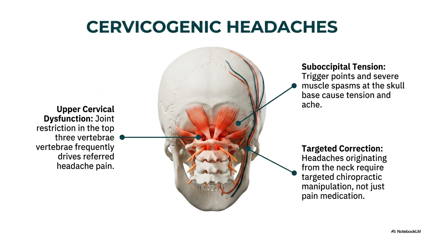 Cervicogenic headaches — upper cervical joint restriction and suboccipital muscle tension driving headache pain