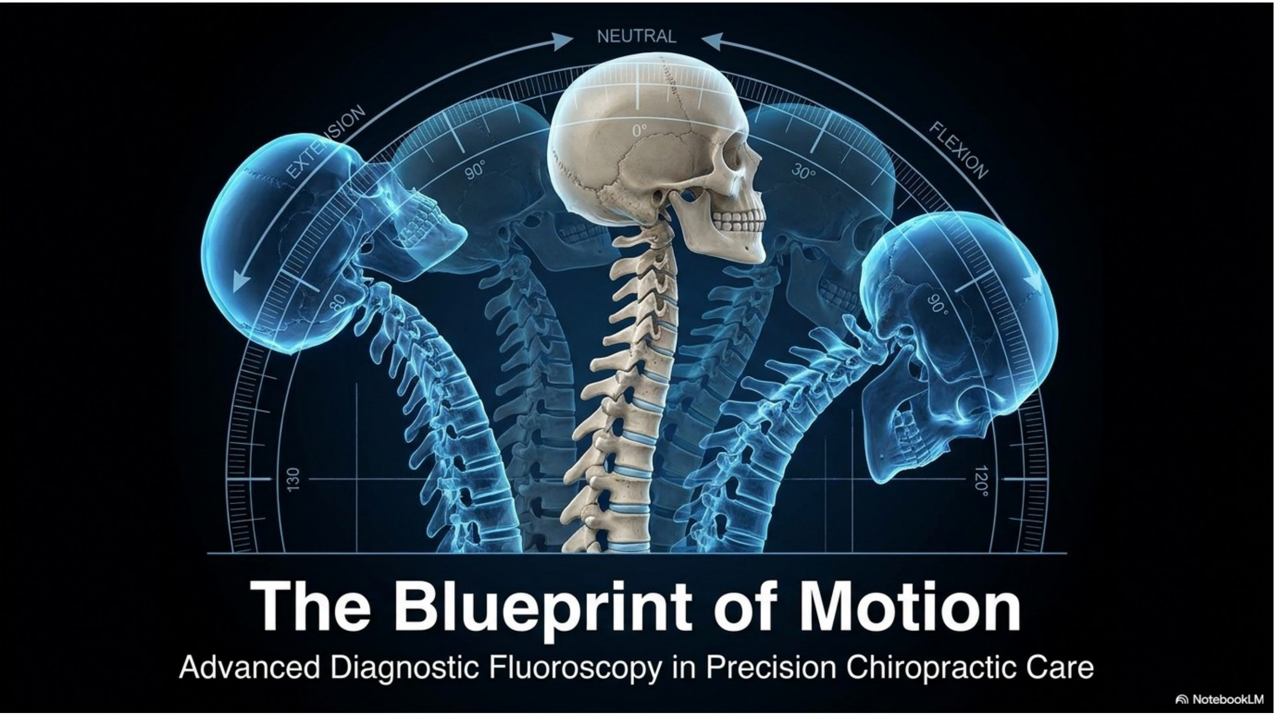 Blueprint of Motion title slide showing full skeleton in extension, neutral, and flexion positions with protractor arc — Advanced Diagnostic Fluoroscopy in Precision Chiropractic Care