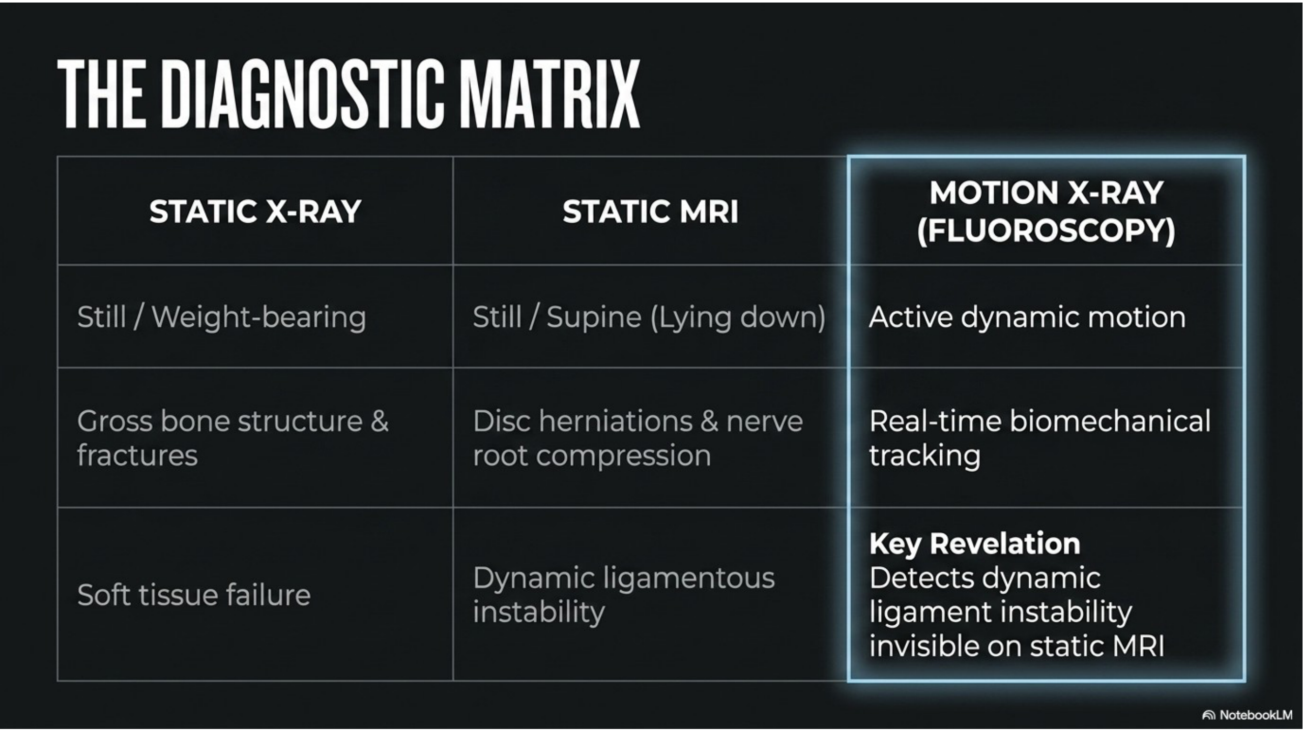 Diagnostic matrix comparing static X-ray, static MRI, and motion X-ray fluoroscopy