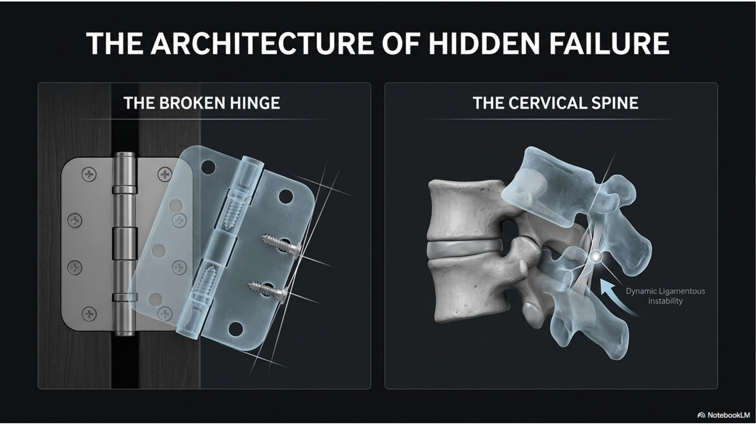 Architecture of hidden failure — broken hinge analogy showing ligamentous instability