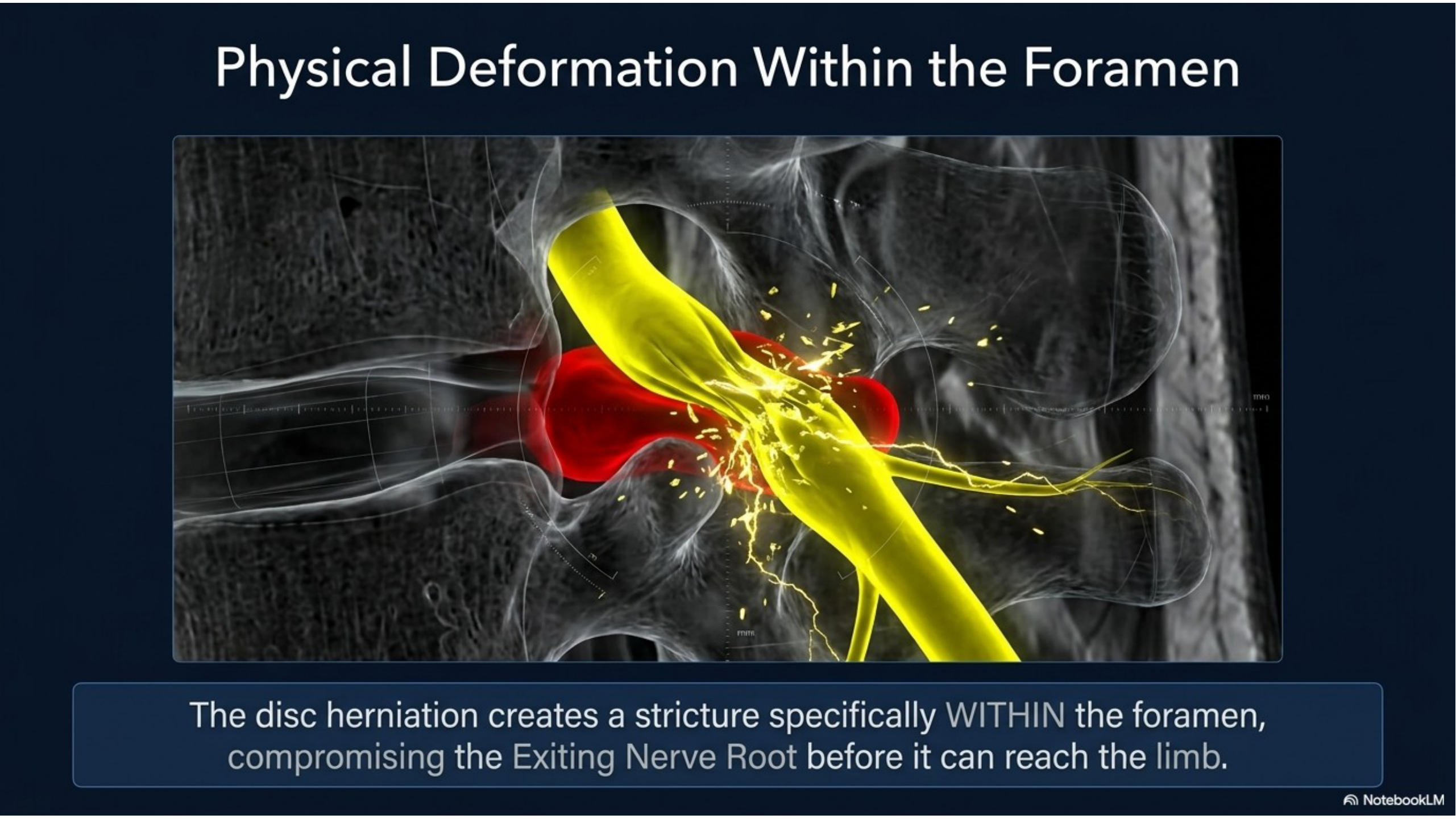 Disc herniation creating a stricture within the intervertebral foramen, physically compressing the exiting nerve root before it can reach the limb — the mechanical source of radiating arm or leg pain