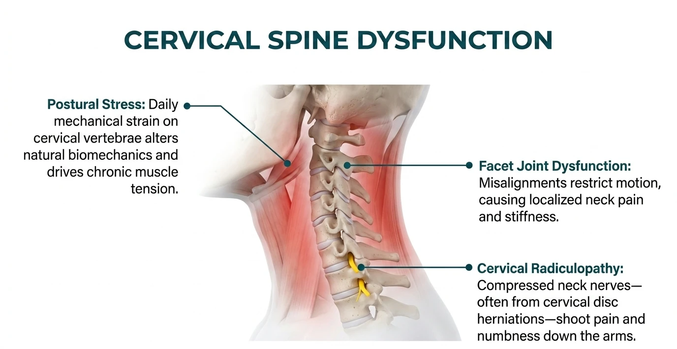 Cervical spine dysfunction — facet joint restriction, postural stress, and cervical radiculopathy